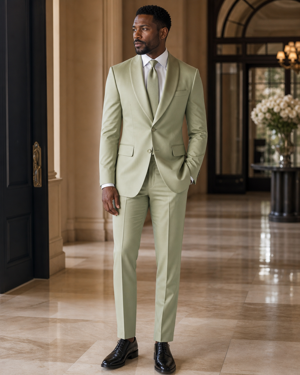 Pistachio Silk Blend Shawl Lapel Suit - Custom Made to Measure side back view