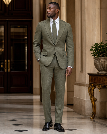 Pistachio Tweed Winter Suit - Custom Made to Measure side back view