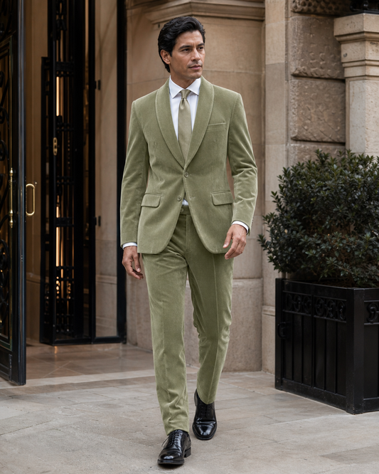 Pistachio Velvet Shawl Lapel Suit - Custom Made to Measure front view