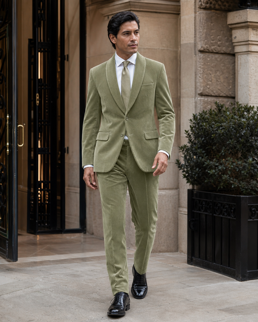 Pistachio Velvet Shawl Lapel Suit — Custom Made to Measure