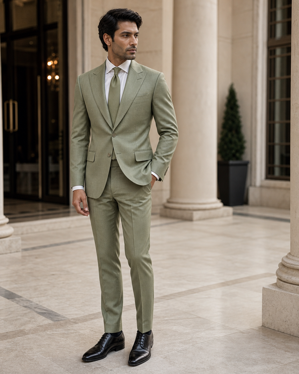 Pistachio Wool Outdoor Wedding Suit - Custom Made to Measure side back view