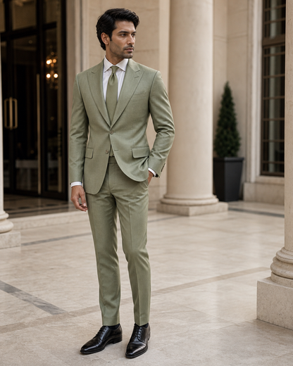 Pistachio Wool Outdoor Wedding Suit - Custom Made to Measure side back view