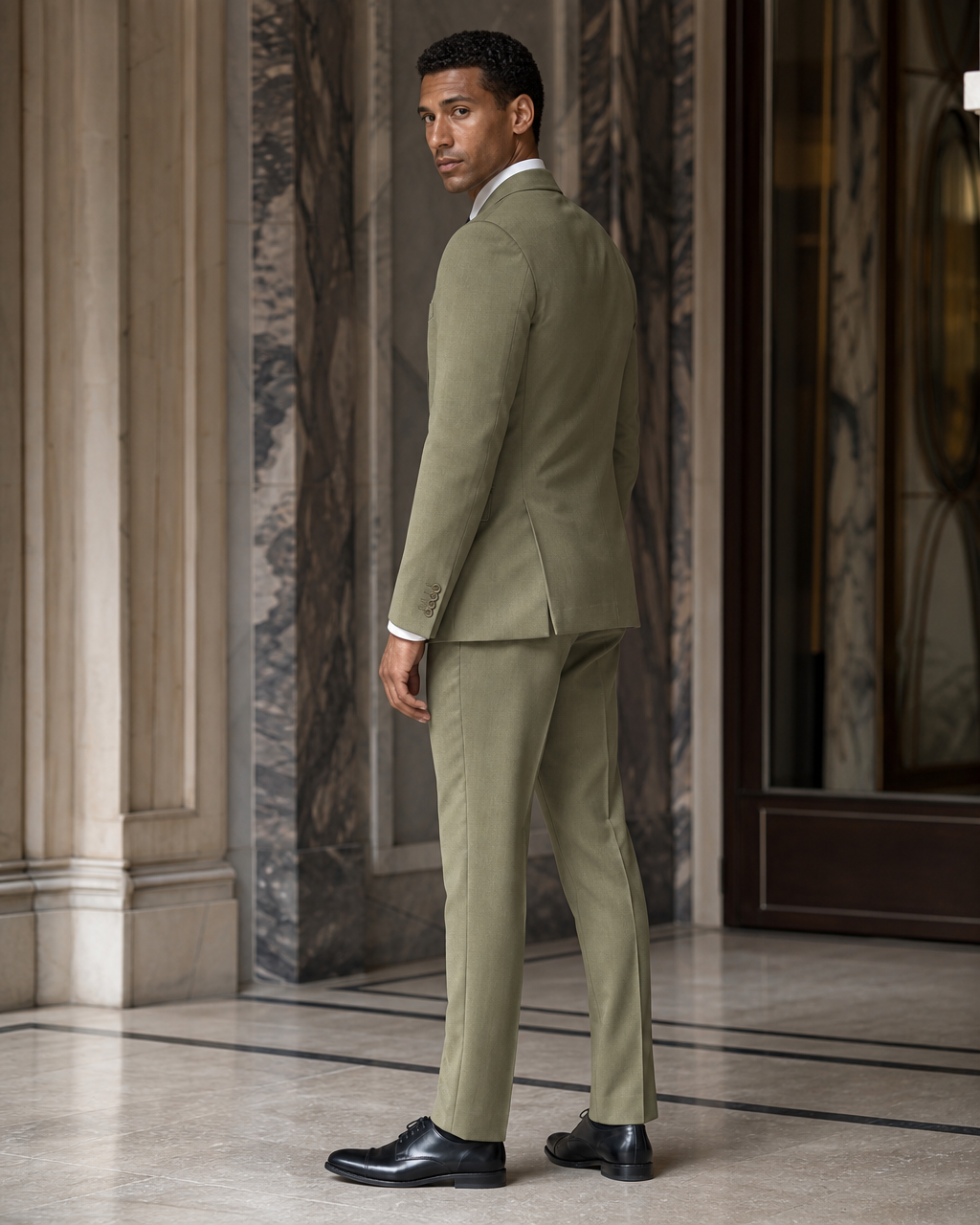 Pistachio Wool Winter Suit - Custom Made to Measure side back view