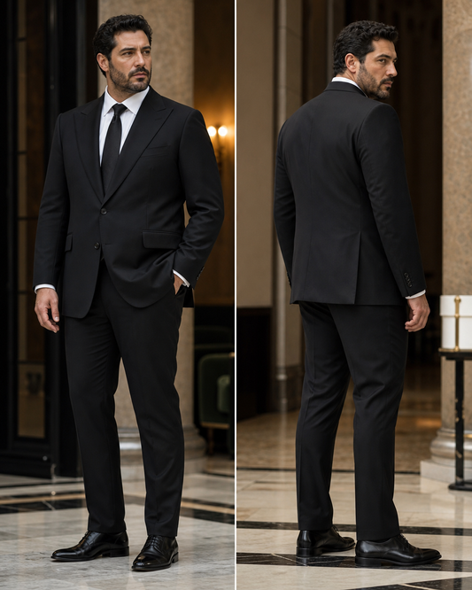 Plus Size Black Wool Suit - Custom Made to Measure side back view