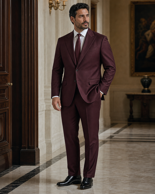 Plus Size Burgundy Wool Suit - Custom Made to Measure side back view