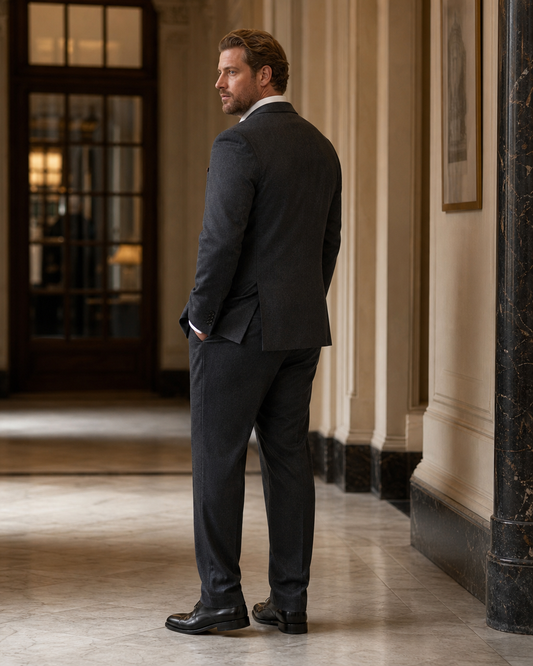 Plus Size Charcoal Flannel Suit - Custom Made to Measure side back view