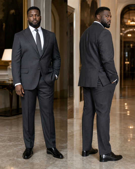 Plus Size Dark Grey Cashmere Blend Suit - Custom Made to Measure side back view