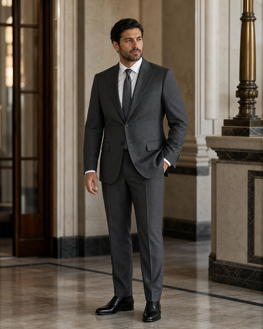 Plus Size Dark Grey Flannel Suit - Custom Made to Measure side back view