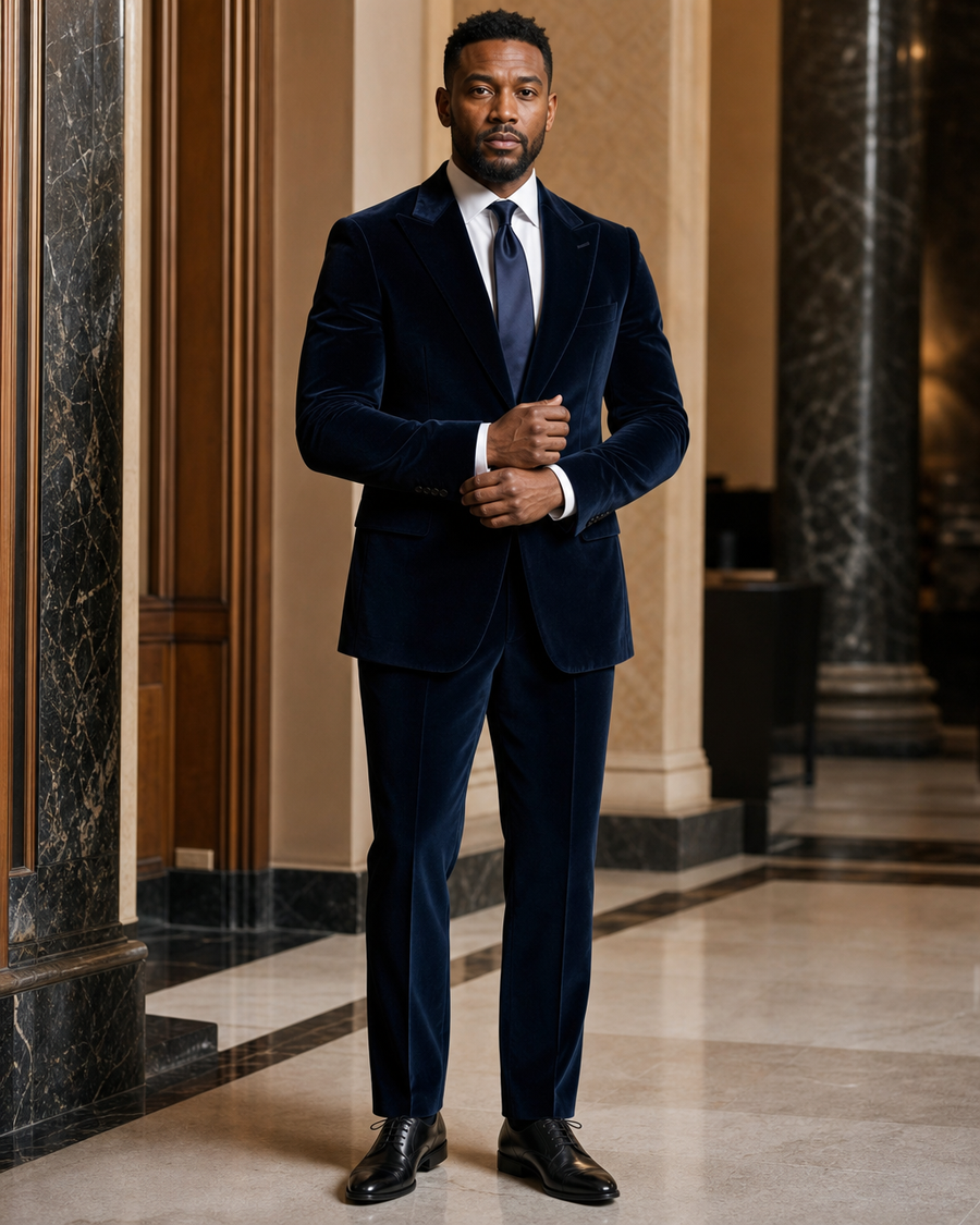 Plus Size Midnight Blue Velvet Suit — Custom Made to Measure