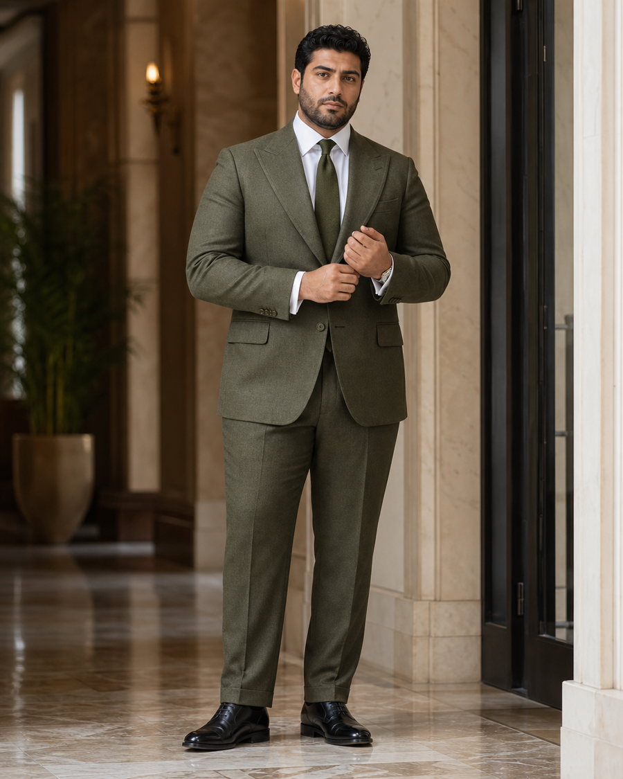 Plus Size Olive Flannel Suit — Custom Made to Measure