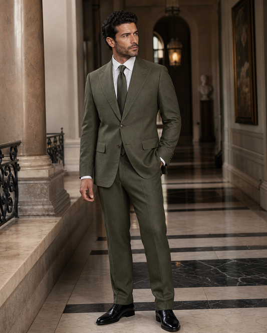 Plus Size Olive Linen Suit - Custom Made to Measure side back view