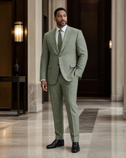 Plus Size Sage Green Linen Suit - Custom Made to Measure side back view