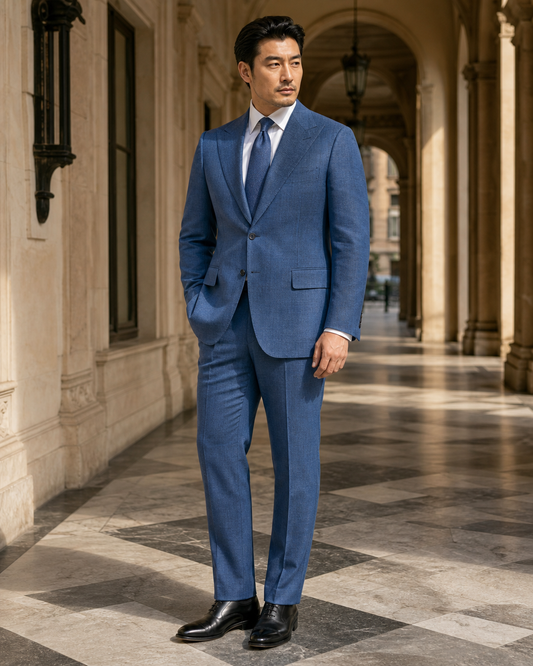 Plus Size Slate Blue Linen Suit - Custom Made to Measure side back view