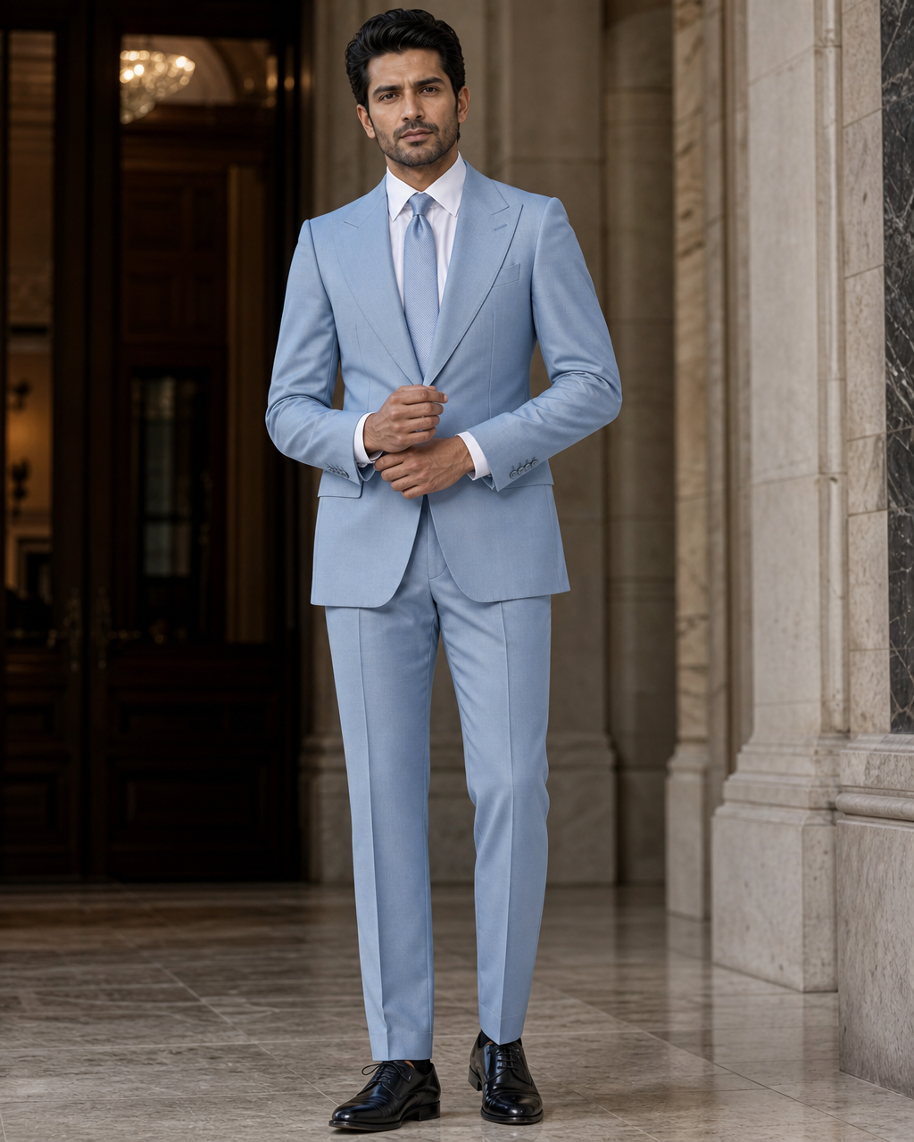 Powder Blue Cashmere Blend Winter Suit - Custom Made to Measure front view