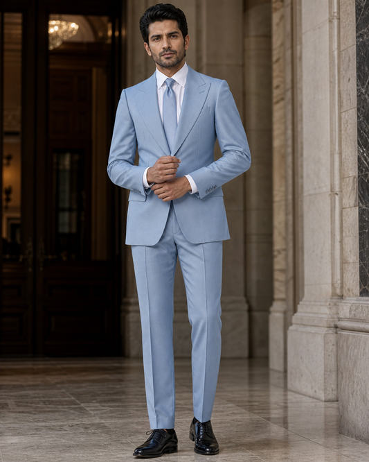 Powder Blue Cashmere Blend Winter Suit - Custom Made to Measure front view