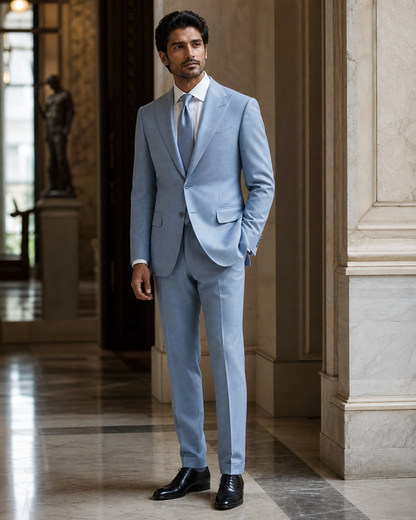 Powder Blue Cashmere Blend Winter Suit - Custom Made to Measure side back view