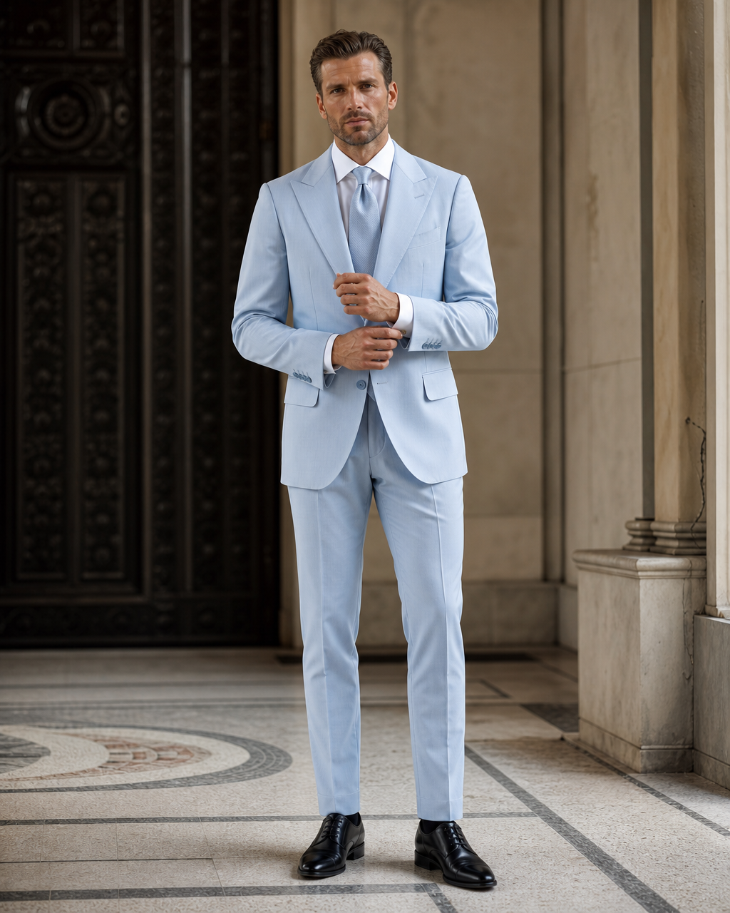 Powder Blue Cotton Beach Wedding Suit - Custom Made to Measure front view
