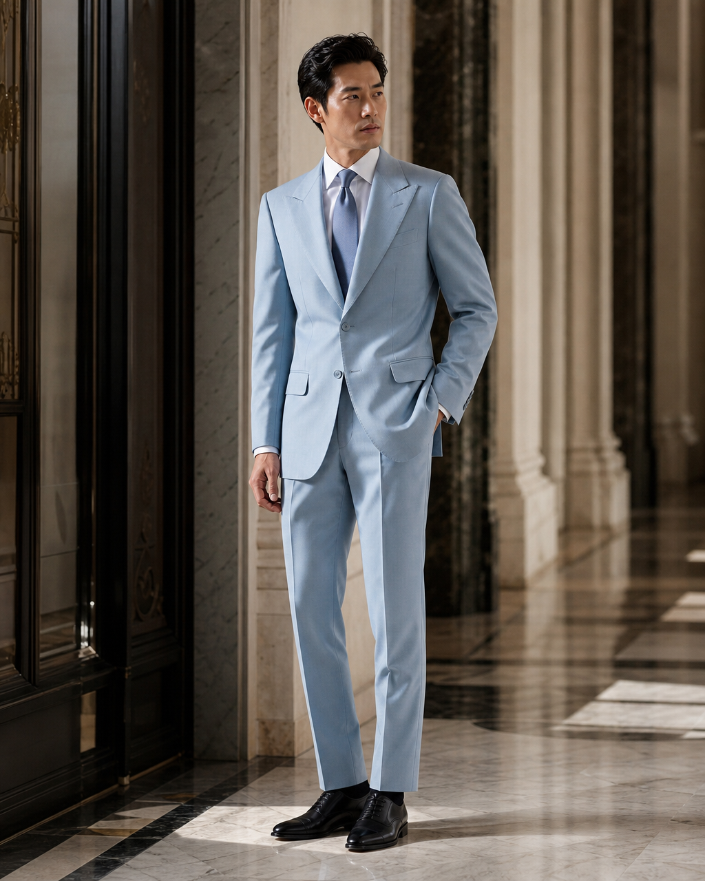 Powder Blue Cotton Summer Suit - Custom Made to Measure side back view