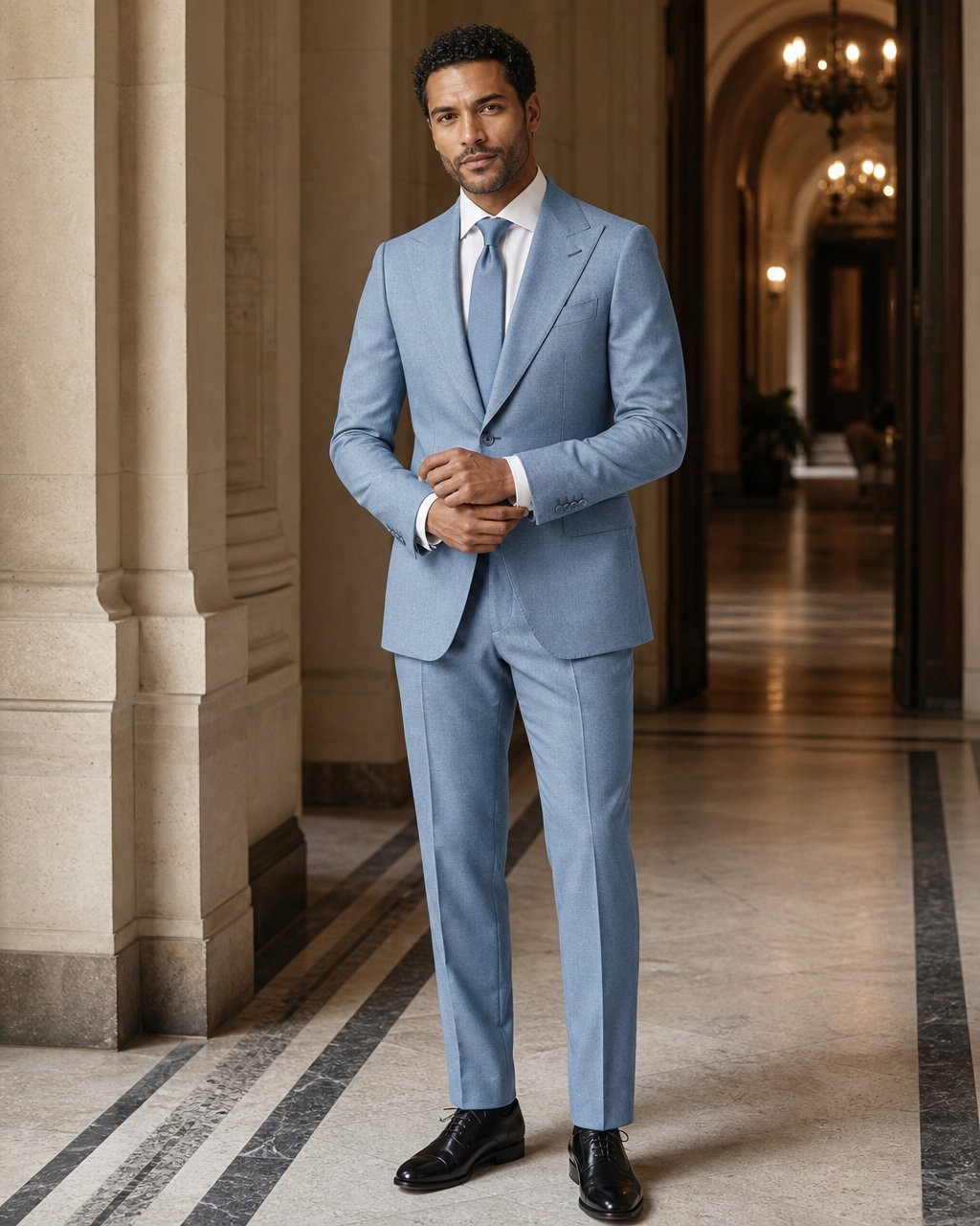 Powder Blue Flannel Winter Suit - Custom Made to Measure front view