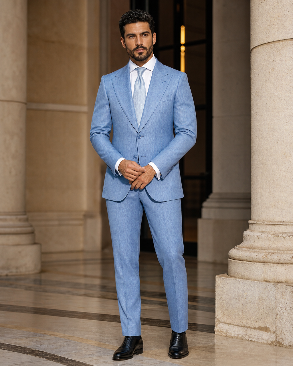 Powder Blue Herringbone Winter Suit - Custom Made to Measure front view