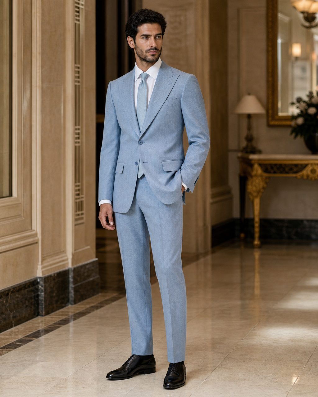 Powder Blue Herringbone Winter Suit - Custom Made to Measure side back view