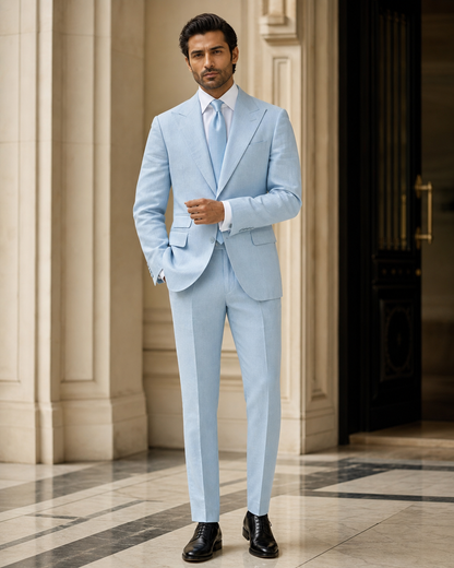 Powder Blue Linen Beach Wedding Suit - Custom Made to Measure front view
