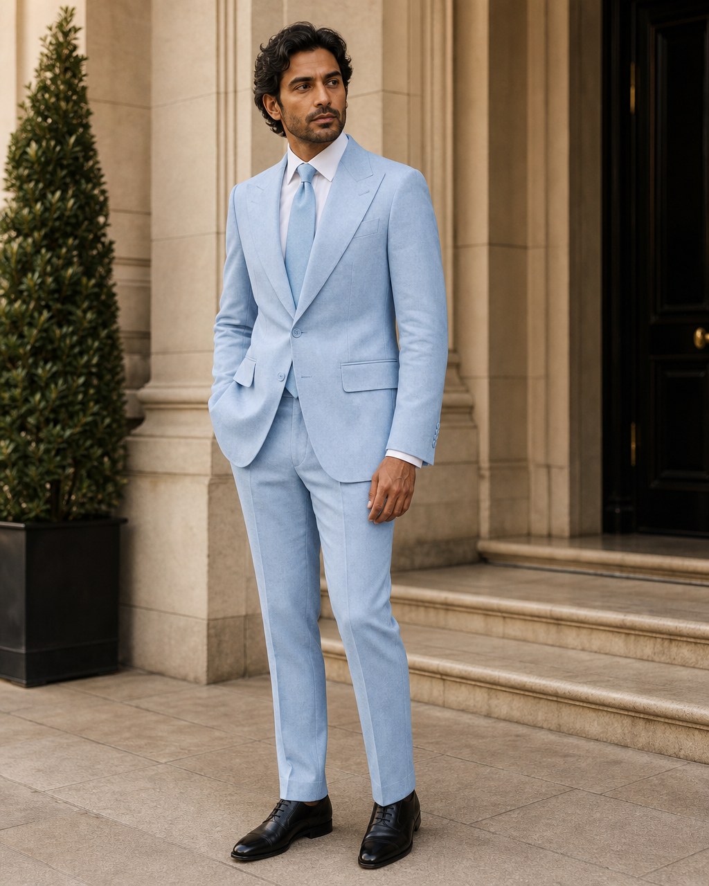 Powder Blue Linen Beach Wedding Suit - Custom Made to Measure side back view