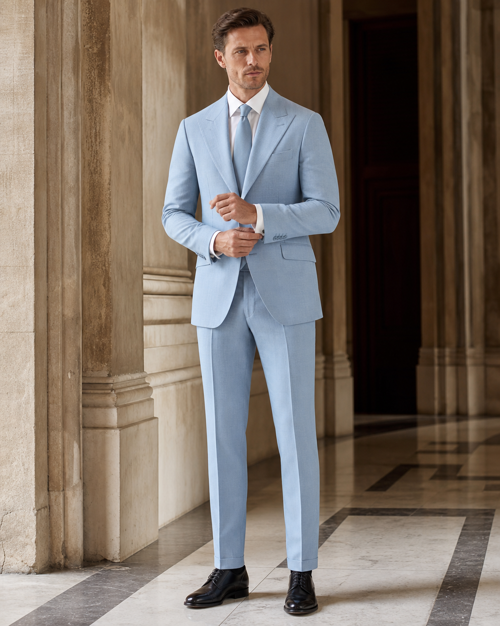 Powder Blue Linen Outdoor Wedding Suit - Custom Made to Measure front view