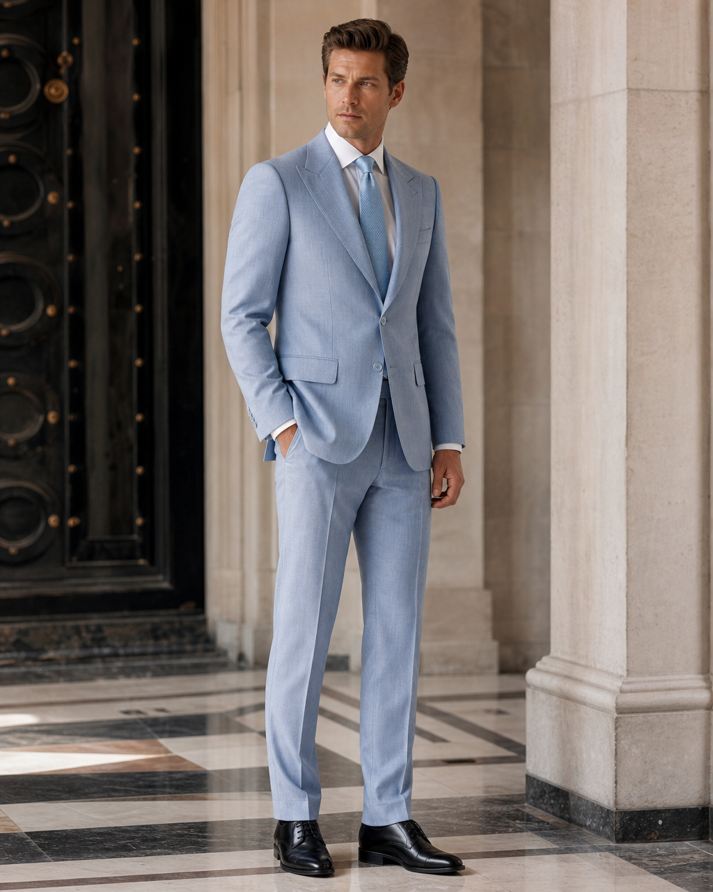 Powder Blue Linen Outdoor Wedding Suit - Custom Made to Measure side back view