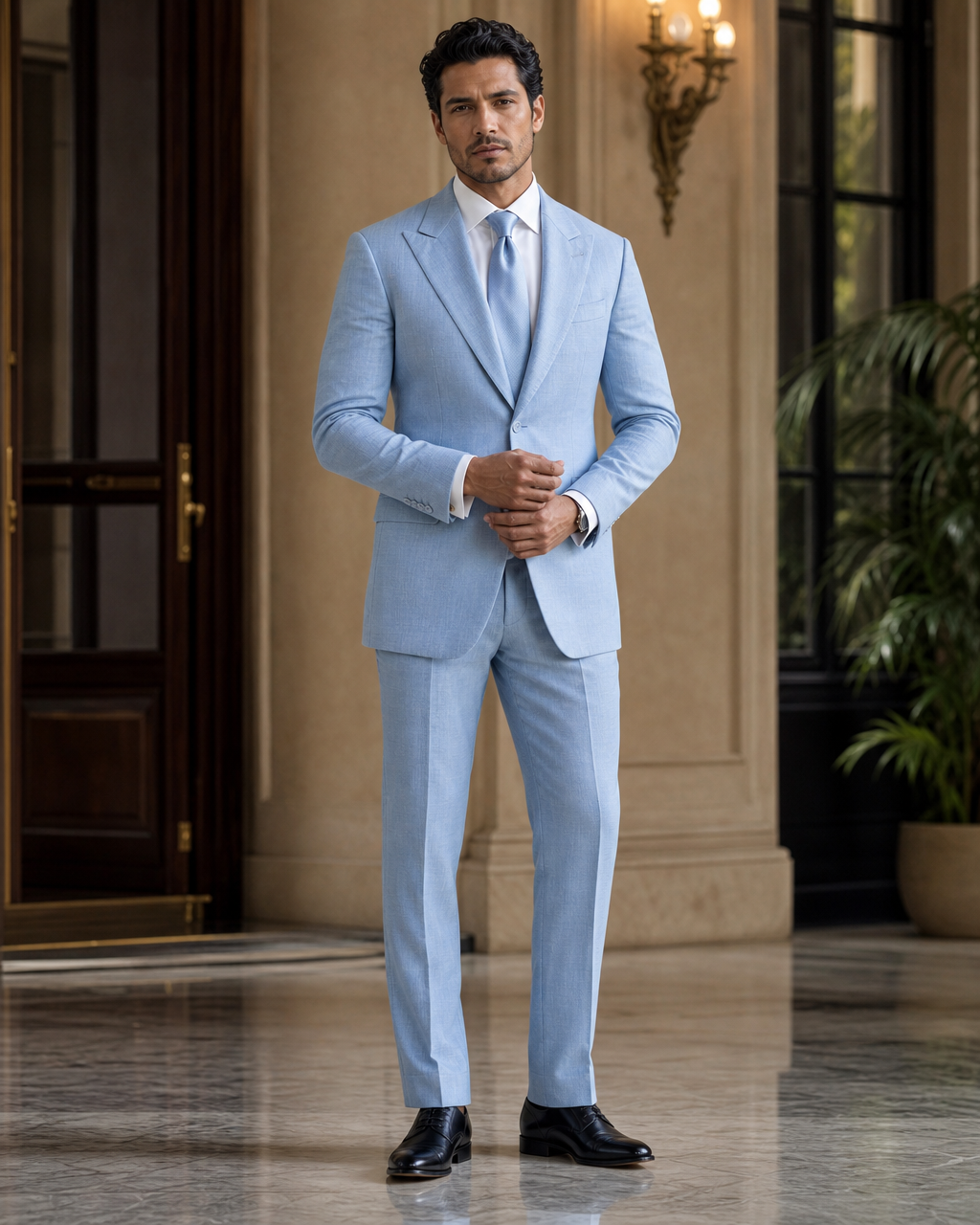 Powder Blue Linen Summer Suit - Custom Made to Measure front view