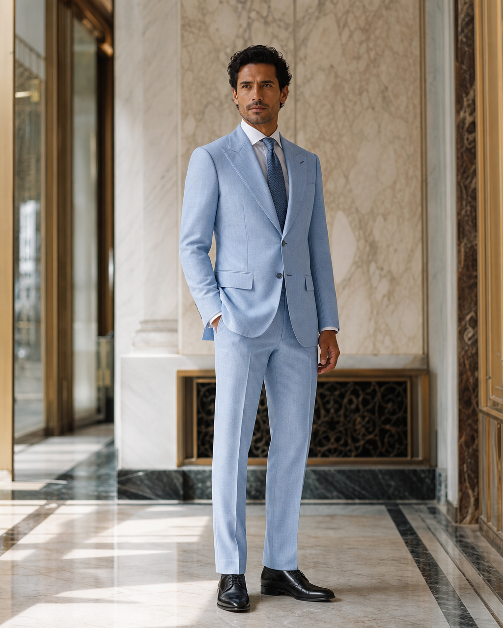 Powder Blue Linen Summer Suit - Custom Made to Measure side back view
