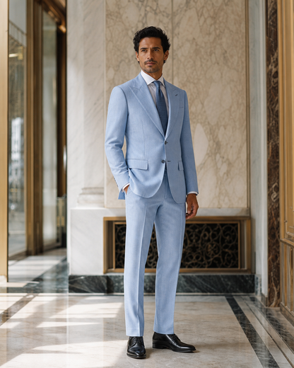 Powder Blue Linen Summer Suit - Custom Made to Measure side back view