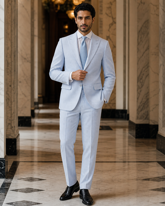 Powder Blue Seersucker Beach Wedding Suit - Custom Made to Measure front view