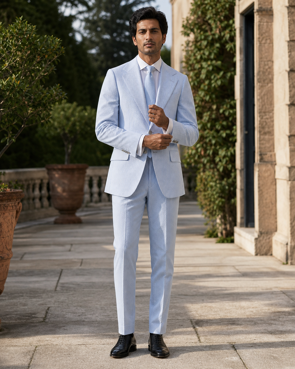 Powder Blue Seersucker Outdoor Wedding Suit — Custom Made to Measure front view