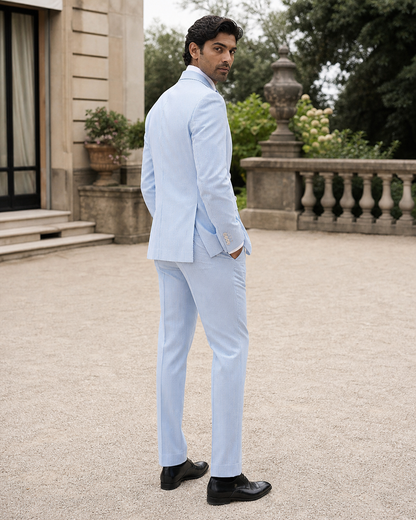 Powder Blue Seersucker Outdoor Wedding Suit — Custom Made to Measure side back view