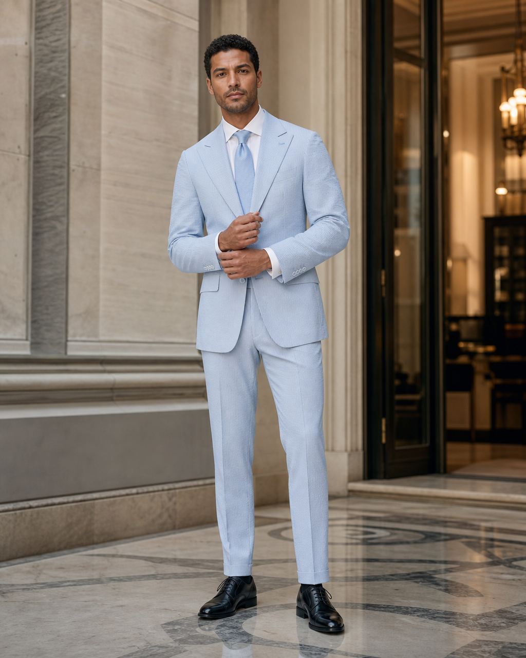 Powder Blue Seersucker Summer Suit - Custom Made to Measure front view