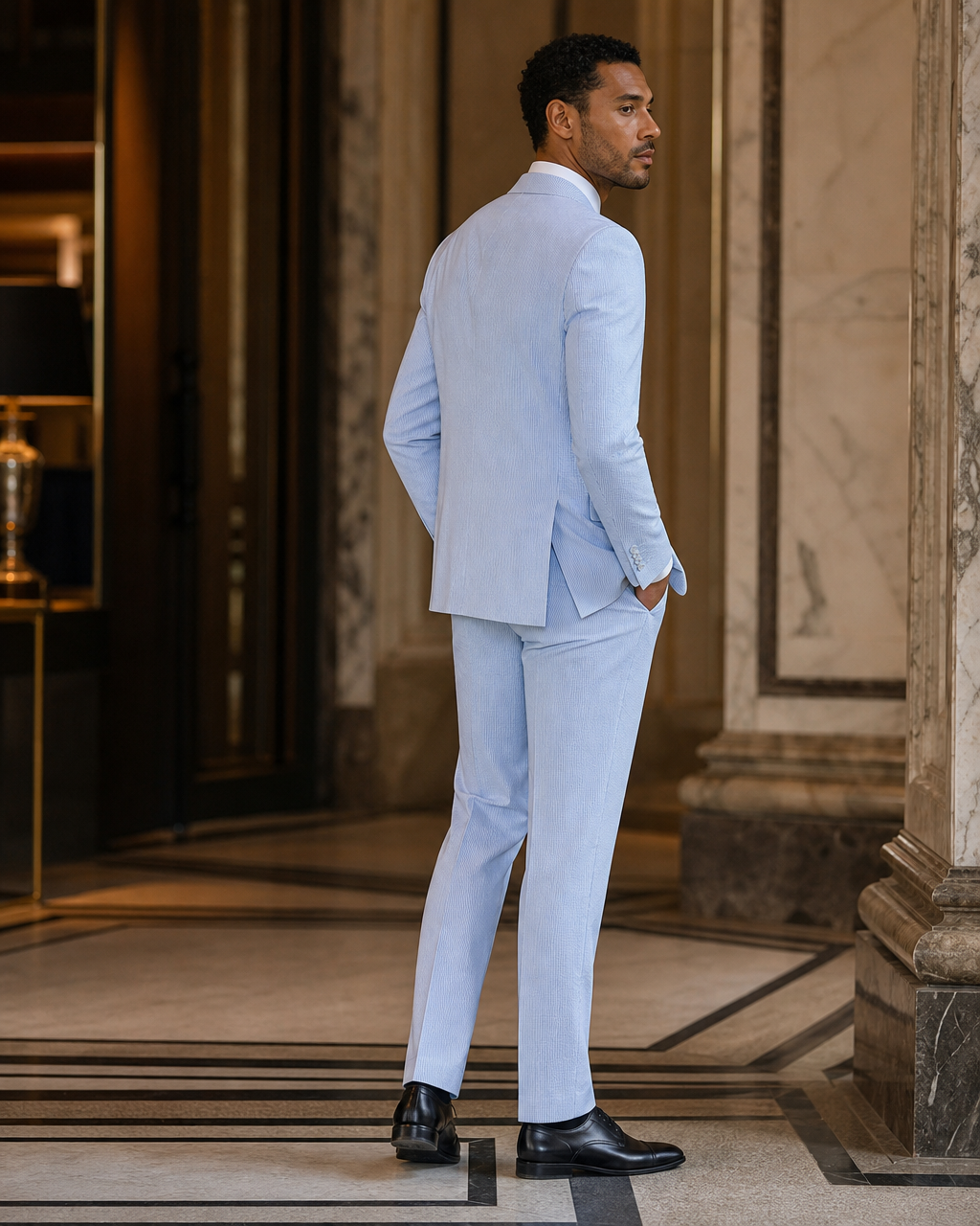 Powder Blue Seersucker Summer Suit - Custom Made to Measure side back view