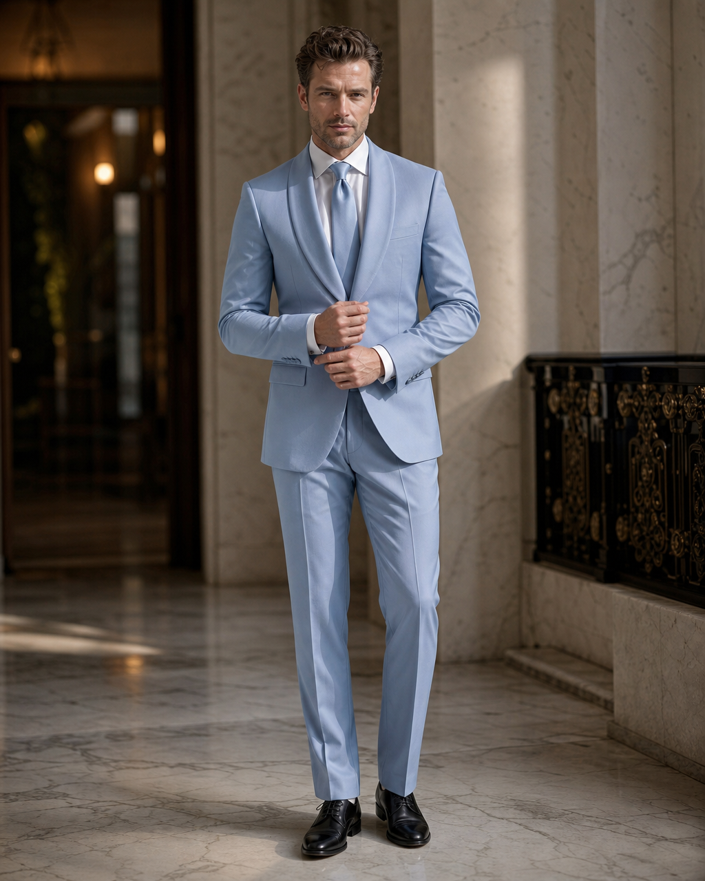 Powder Blue Silk Blend Shawl Lapel Suit - Custom Made to Measure front view
