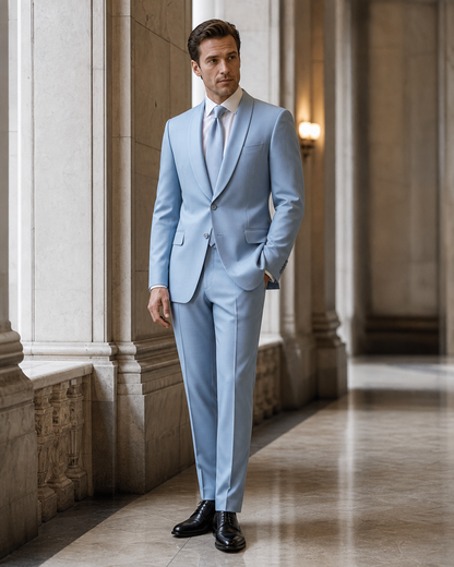 Powder Blue Silk Blend Shawl Lapel Suit - Custom Made to Measure side back view