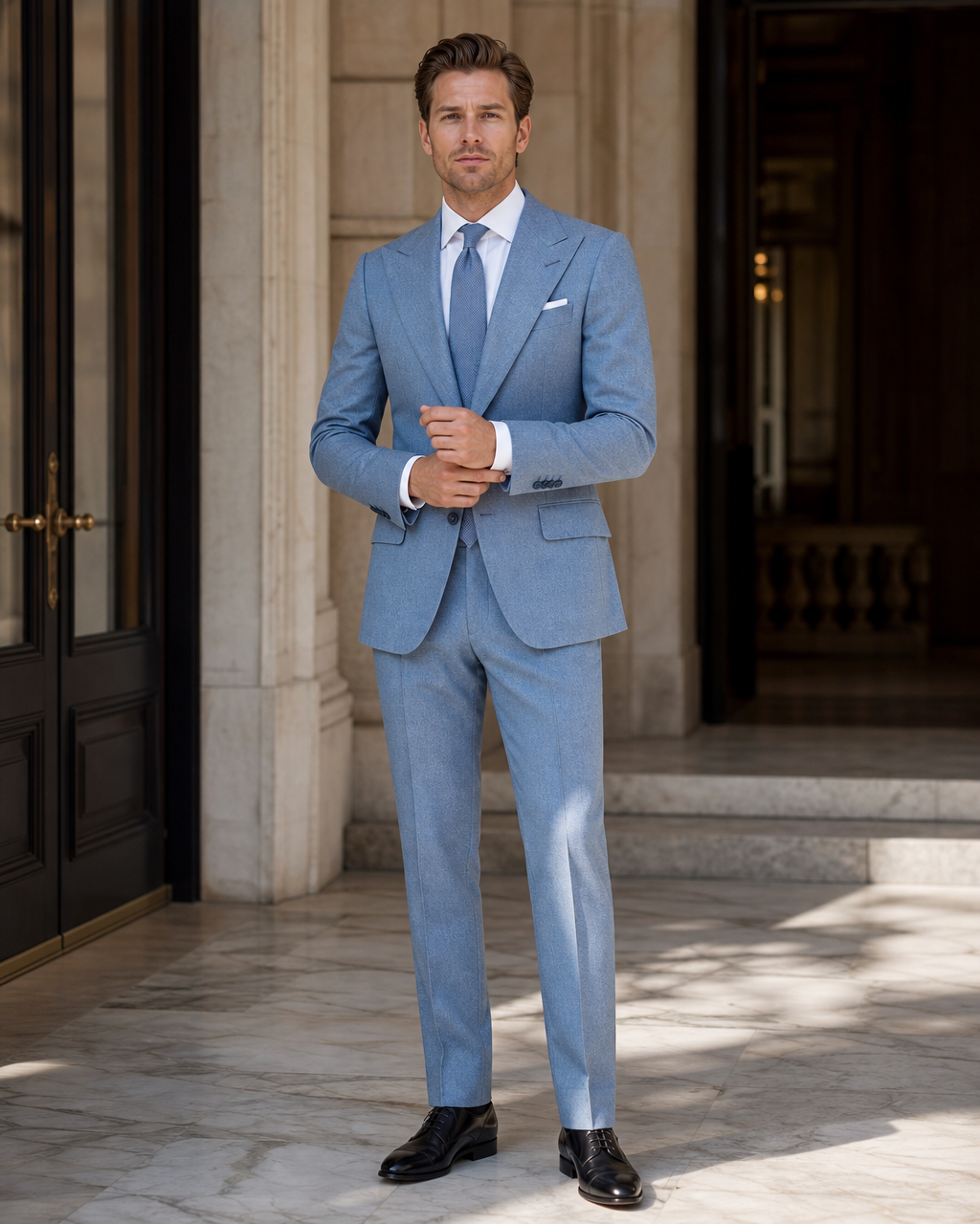 Powder Blue Tweed Winter Suit - Custom Made to Measure front view