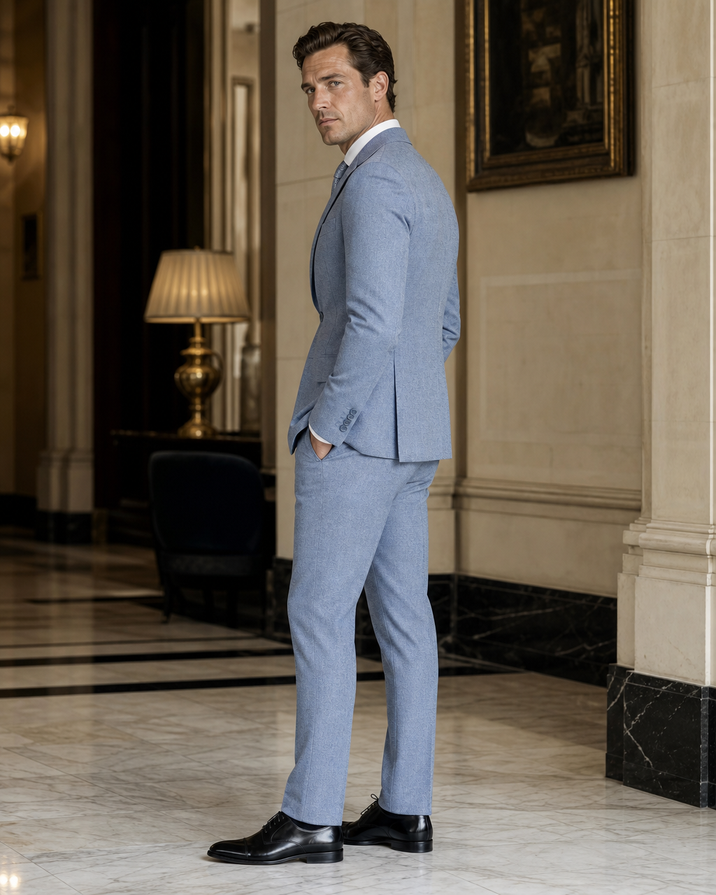 Powder Blue Tweed Winter Suit - Custom Made to Measure side back view