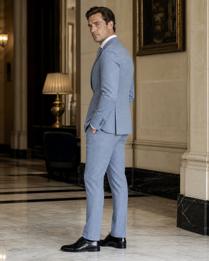 Powder Blue Tweed Winter Suit - Custom Made to Measure side back view