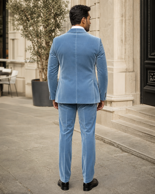 Powder Blue Velvet Shawl Lapel Suit - Custom Made to Measure back view