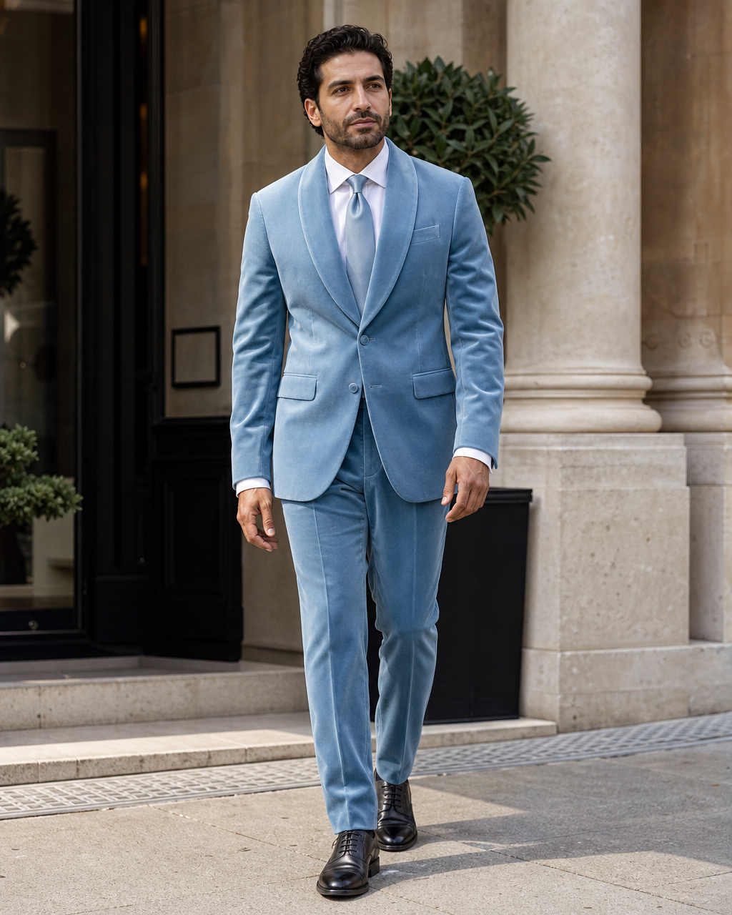 Powder Blue Velvet Shawl Lapel Suit — Custom Made to Measure