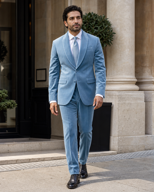 Powder Blue Velvet Shawl Lapel Suit - Custom Made to Measure front view