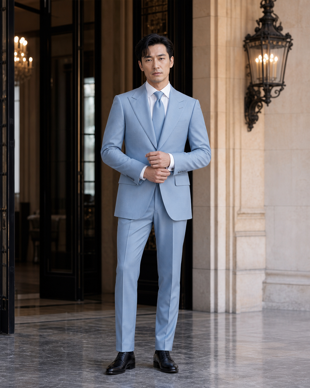 Powder Blue Wool Outdoor Wedding Suit - Custom Made to Measure front view