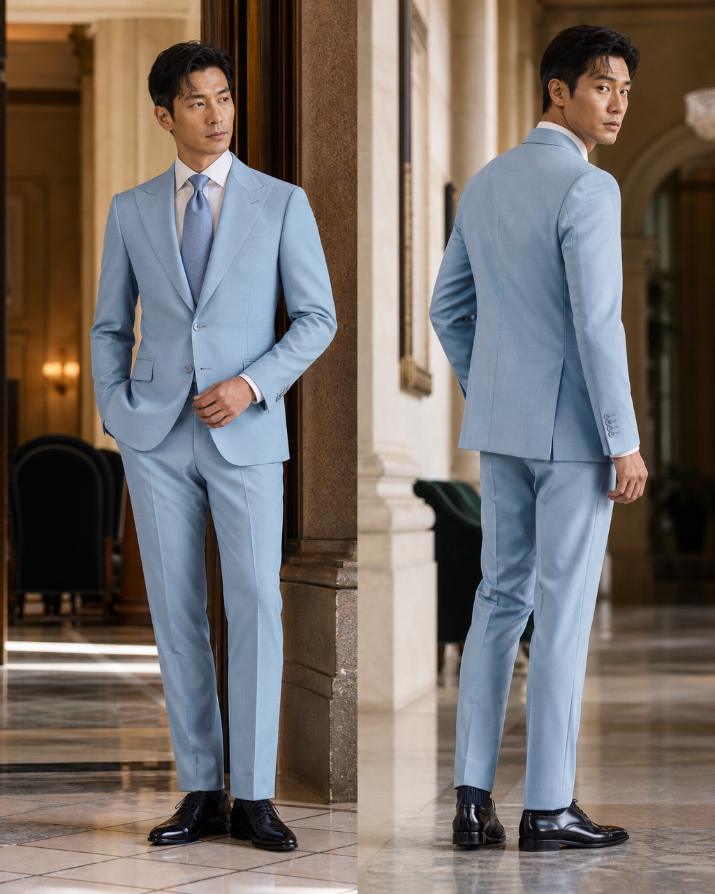 Powder Blue Wool Outdoor Wedding Suit - Custom Made to Measure side back view