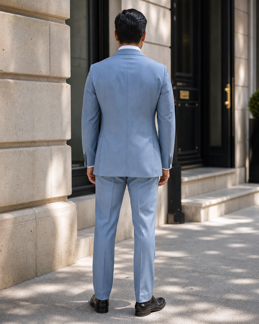 Powder Blue Wool Shawl Lapel Suit - Custom Made to Measure back view