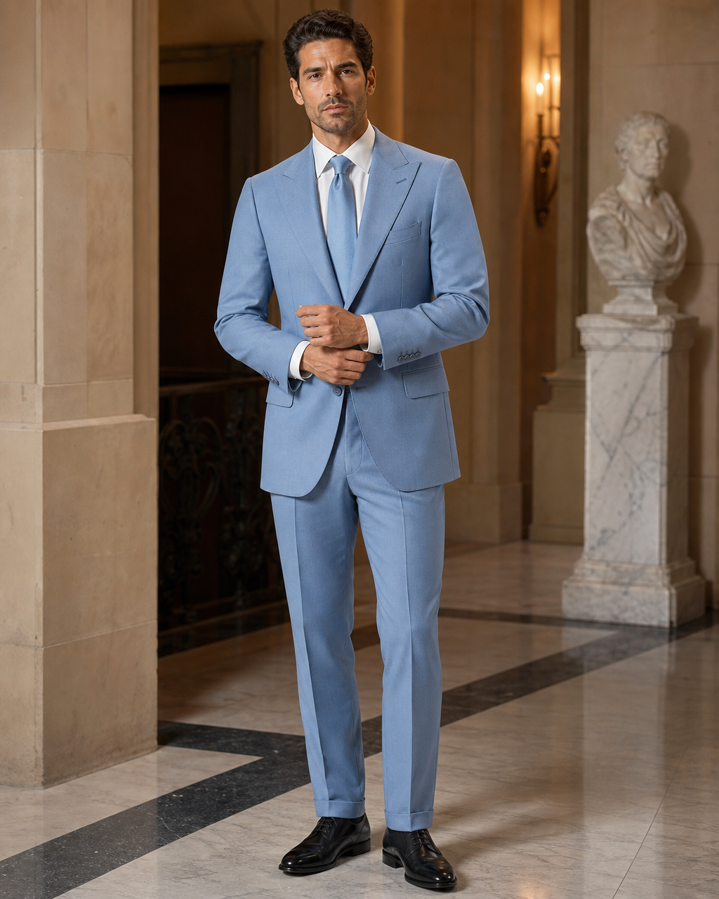 Powder Blue Wool Winter Suit - Custom Made to Measure front view