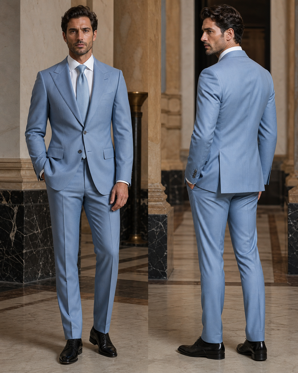 Powder Blue Wool Winter Suit - Custom Made to Measure side back view